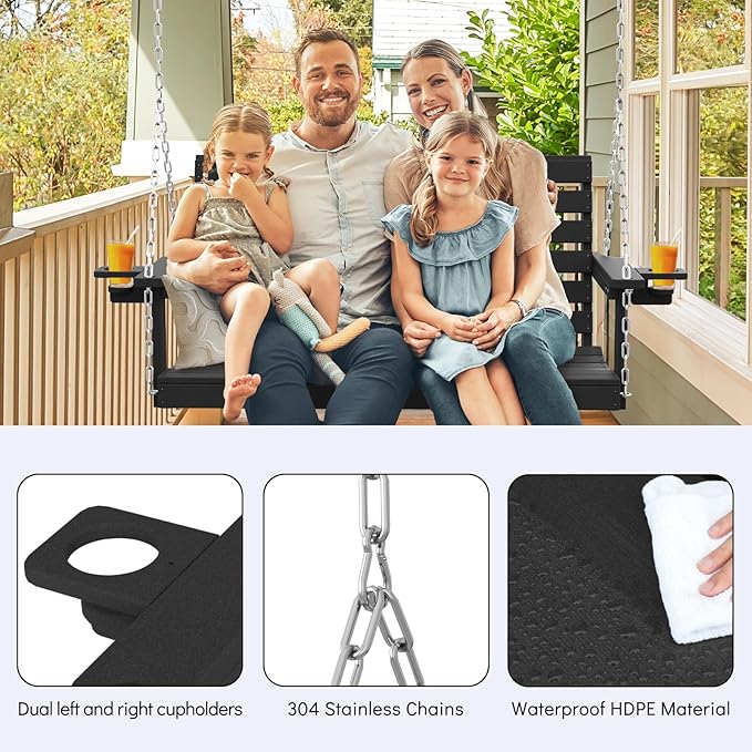 Plawdlik Porch Swings,2 Seat Patio Chair with Two Cup Holders,HDPE Waterproof Bench for Courtyard-Black - Photo 5