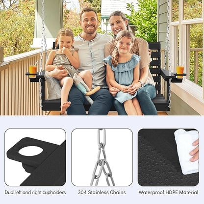 Plawdlik Porch Swings,2 Seat Patio Chair with Two Cup Holders,HDPE Waterproof Bench for Courtyard-Black