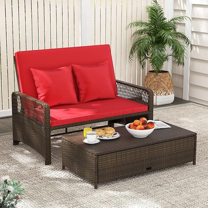 Tangkula Patio Adjustable Wicker Daybed, Rattan Loveseat & Storage Ottoman w/ 4-Level Backrest & Soft Cushions - Photo 4