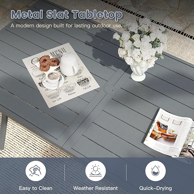 VICLLAX 70.9" Patio Dining Table for 8, Outdoor Rectangular Metal Table with 1.57" Umbrella Hole for Backyard Porch Backyard Garden Deck, Darkgrey