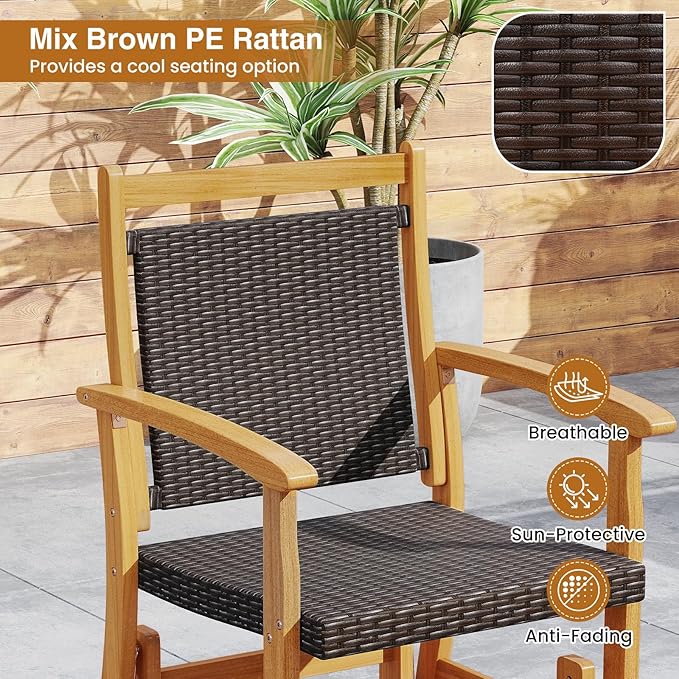 HAPPYGRILL Outdoor Glider Chair Acacia Wood Porch Glider with Rattan Seat and Backrest, Swing Rocking Armchair for Patio - Photo 8