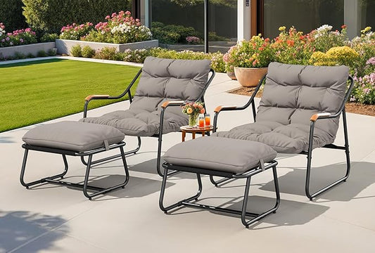 YITAHOME Patio Lounge Chair with Ottoman Set of 2, Oversized Papasan Chair with Soft Cushion, Indoor/Outdoor Textilene Lounge with Teak Wood Handrail and Footstool for Living Room, Porch, Backyard
