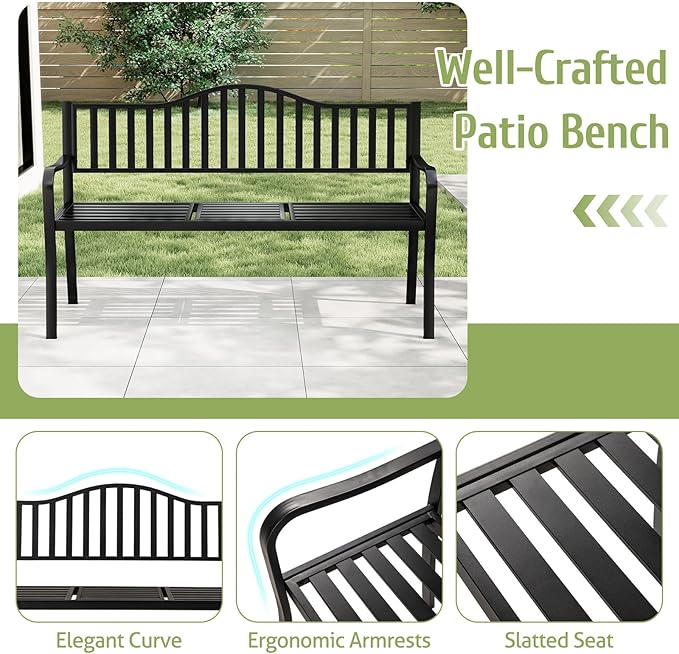 Tangkula 60” Metal Outdoor Garden Park Bench, Heavy-Duty Patio Loveseat Armchair with Pull-Out Center Table, 2-3 Person Park-Style Chair for Backyard, Garden, Balcony, 660 lbs Max Load