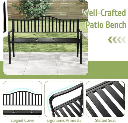 Tangkula 60” Metal Outdoor Garden Park Bench, Heavy-Duty Patio Loveseat Armchair with Pull-Out Center Table, 2-3 Person Park-Style Chair for Backyard, Garden, Balcony, 660 lbs Max Load