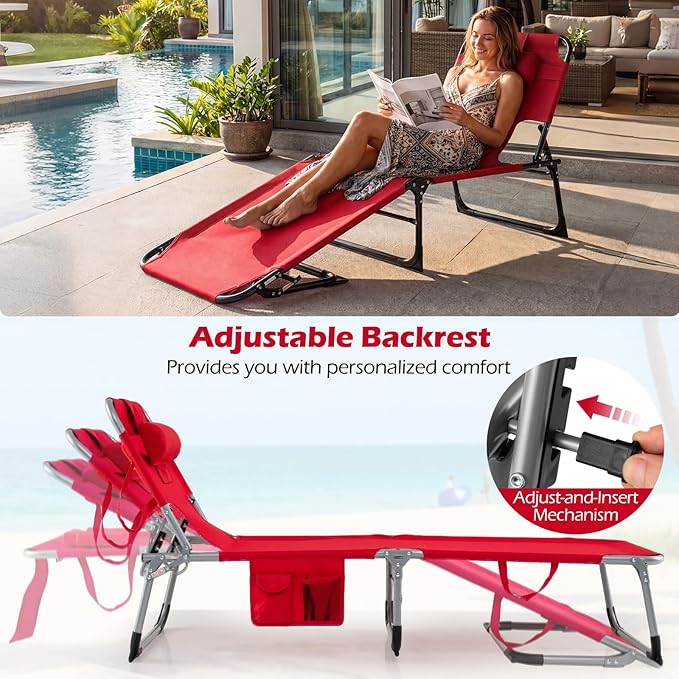GYMAX Tanning Chair with Face Hole, Sun Bathing Lounge Chairs for Outside with Side Pocket, Folding Portable Face Down Layout Tanning Chair Beach, Backyard, Poolside, Lawn (Red,1)