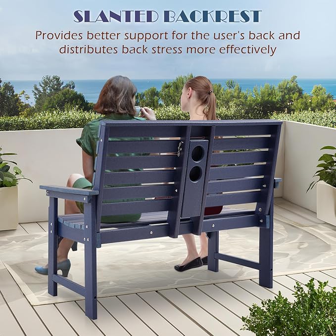 HDPE Outdoor Bench with Cup Holders, All Weather Garden Bench Suitable for 2-3 Person, Patio Benches Furniture with High Backrest and Wide Armrests for Front Porch, Garden, Backyard and Park, Blue