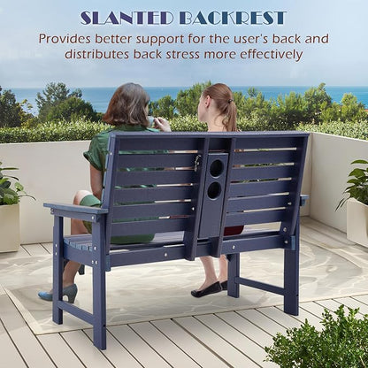 HDPE Outdoor Bench with Cup Holders, All Weather Garden Bench Suitable for 2-3 Person, Patio Benches Furniture with High Backrest and Wide Armrests for Front Porch, Garden, Backyard and Park, Blue