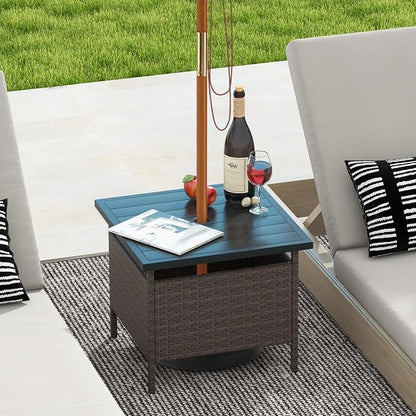 Giantex Umbrella Table, Outdoor Side Table with 2" Umbrella Hole, Rattan Umbrella Stand Holder, Heavy Duty Metal Frame, Patio Bistro Table for Deck Garden Poolside (HDPE Tabletop)