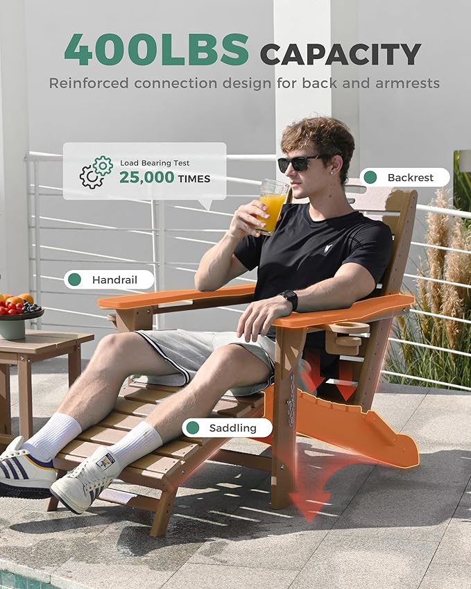 Folding Adirondack Chair with Retractable Ottoman Weather Resistant Fire Pit Chair Patio Chair with 2 Cup Holder Lawn Outdoor Lounge Chair (Teak)