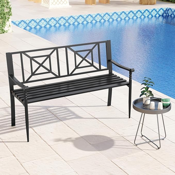 Tangkula Metal Outdoor Park Bench, Patio Garden Bench, Heavy-Duty Slatted Garden Bench for 2-3 People, Patio Park-Style Loveseat with Curved Armrests, Outdoor Seating for Backyard, Lawn, Porch