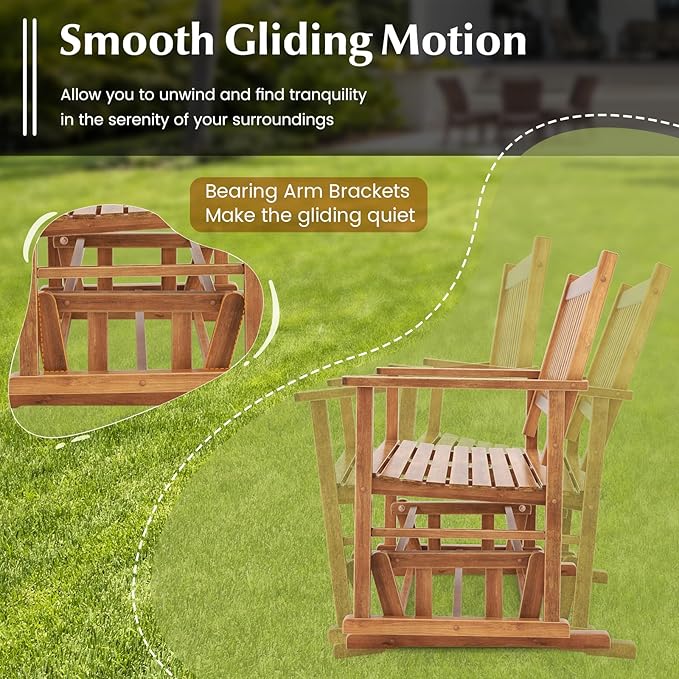 Tangkula 2 Person Outdoor Glider Bench, Poplar Wood Patio Swing Glider Loveseat with Armrests, Slatted Seat & Backrest - Photo 6