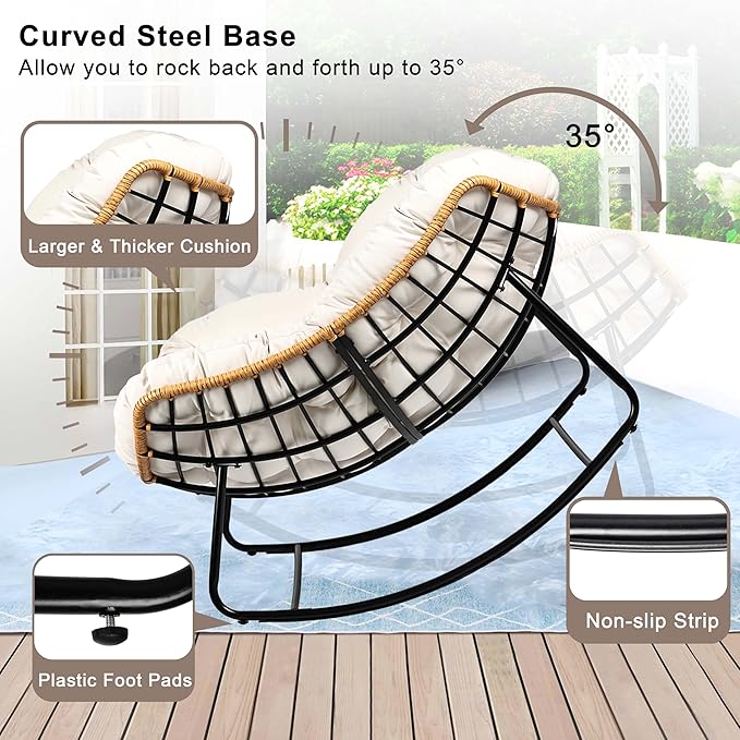 Outdoor Egg Rocking Chair, Indoor Papasan Rocking Chair with Thick Cushion, Modern Lounge Rocker for Balcony, Living Room, Bedroom, Porch, Lawn, Garden (Ivory)