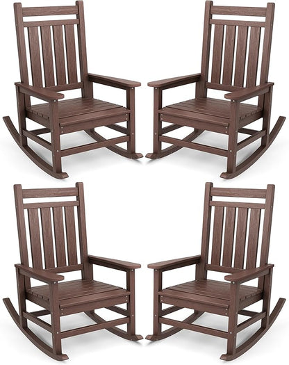 SERWALL Oversized Outdoor Rocking Chair Set of 4, HDPE Rocker for Adults, Patio Rocking Chairs for Porch, Brown