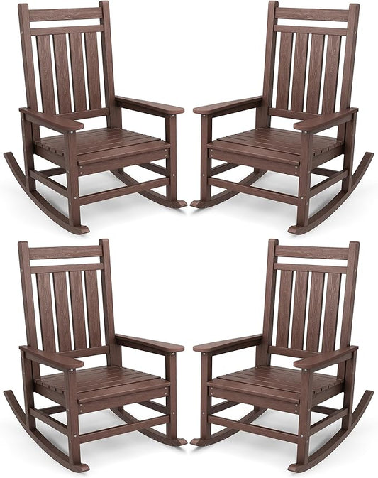 SERWALL Oversized Outdoor Rocking Chair Set of 4, HDPE Rocker for Adults, Patio Rocking Chairs for Porch, Brown