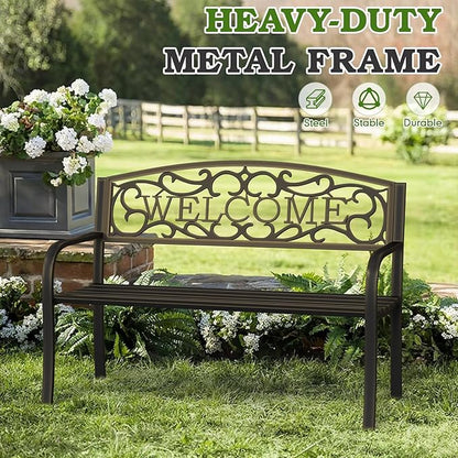50" Outdoor Garden Bench, Iron Metal Frame Patio Bench with Backrest Armrests, Weatherproof Anti-Rust Outdoor Bench for Front Porch, Park, Yard, Patio (403-GOLDEN)
