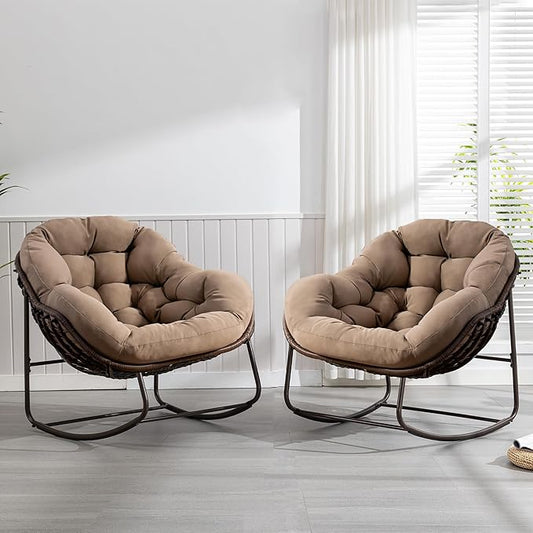 HOMEFUN Outdoor Patio Rocking Chairs Set of 2, Oversized Papasan Rock Chair Indoor with Padded Cushion - Rocker Egg Seat for Front Porch, Garden, Backyard Khaki