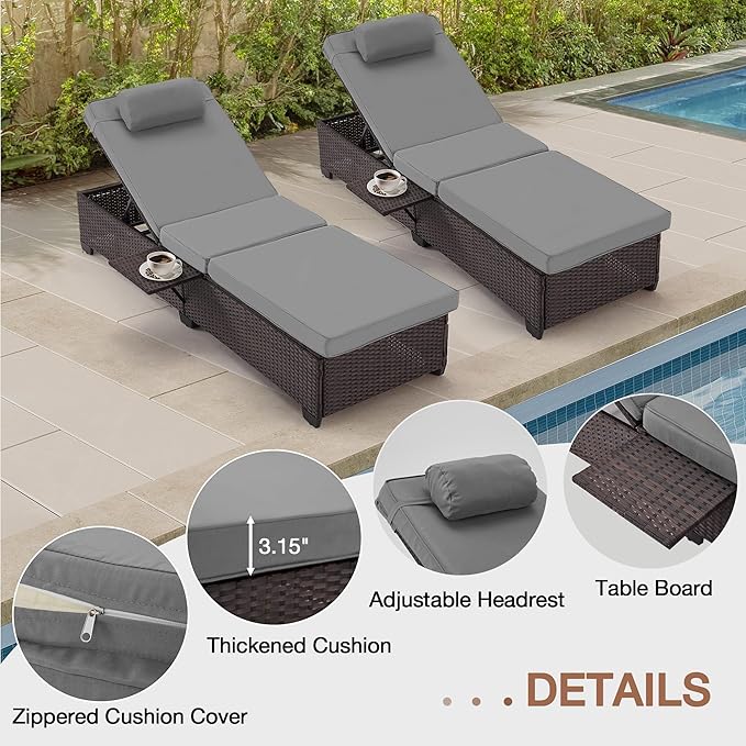 HOMREST PE Wicker Chaise Lounge Chairs Set of 6,Adjustable 5 Position Outside Rattanr Patio Pool Chair with Headrest,Cushion and Storage Rack for Poolside Backyard Porch,Grey