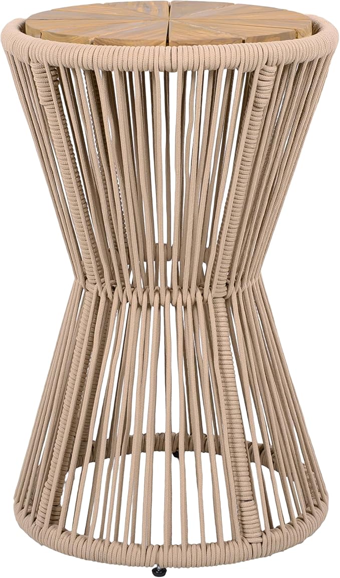 Merax 2 Pieces Round Outdoor Side Table Set, Bohemian Patio Side Tables with Acacia Wood Top and Beige Handwoven Rope Base for Garden, Pool, Yard, Elegant Hourglass Design, No Assembly, 25.8" Height