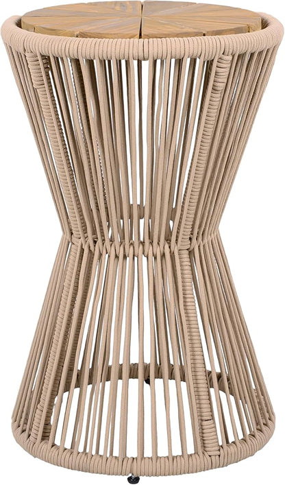 Merax 2 Pieces Round Outdoor Side Table Set, Bohemian Patio Side Tables with Acacia Wood Top and Beige Handwoven Rope Base for Garden, Pool, Yard, Elegant Hourglass Design, No Assembly, 25.8" Height