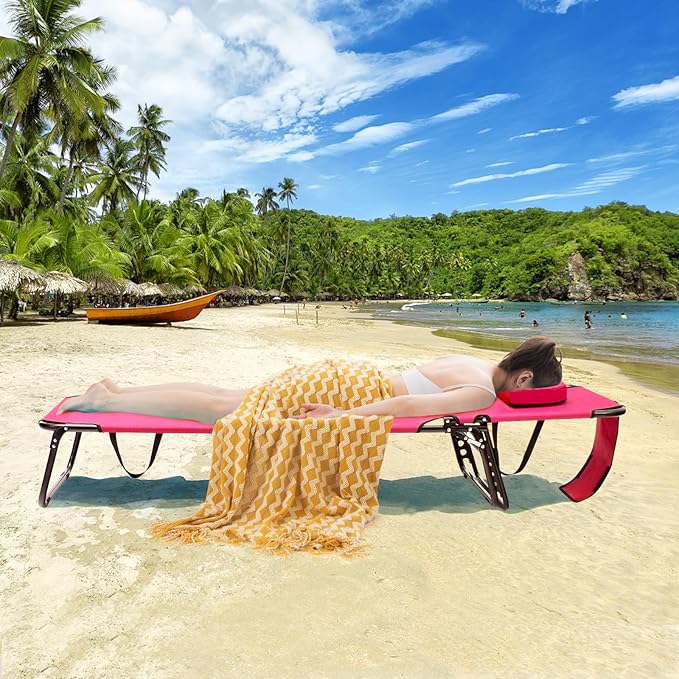 GYMAX Tanning Chair, 330lbs Beach Lounge Chair with Face Hole, Detachable Washable Pillow & Carry Strap, Adjustable Folding Chaise Lounge, Layout Chair for Outside, Patio, Poolside, Lawn (2, Pink)