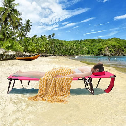 GYMAX Tanning Chair, 330lbs Beach Lounge Chair with Face Hole, Detachable Washable Pillow & Carry Strap, Adjustable Folding Chaise Lounge, Layout Chair for Outside, Patio, Poolside, Lawn (2, Pink)