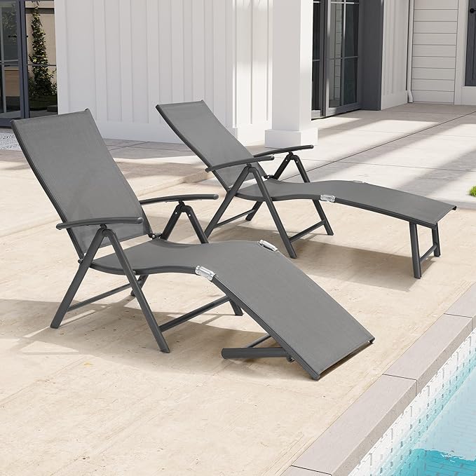 Crestlive Products Chaise Lounge Chair Outdoor Set of 2, Aluminum Folding Patio Recliner Chair, Adjustable 8 Positions Assemble-Free Perfect for Beach, Yard, Pool, Deck