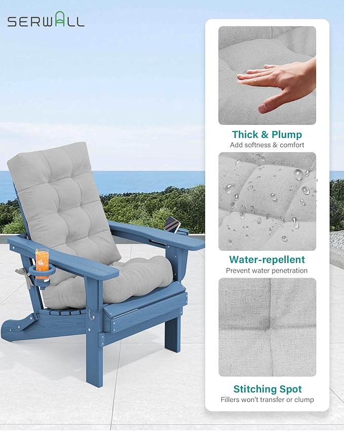 SERWALL Folding Adirondack Chairs with Cushions - Set of 4, Memory Foam Cushions - Blue/Gray - Photo 8