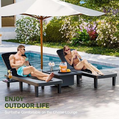 CDCASA Outdoor Chaise Lounge Set of 4, Pool Lounge Chairs w/5 Adjustable Positions & Side Tray, Waterproof Resin Lounges for Poolside,Yard,Garden,Sunbathing, for All Weather, Black