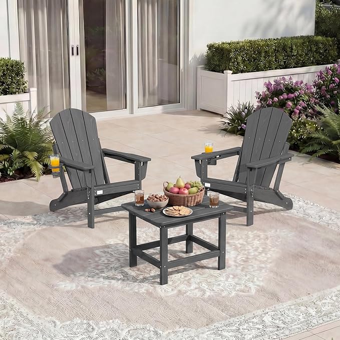Mdeam 3-Position Adjustable Adirondack Chairs Set of 2, 400LBS Capacity, Cup Holder, Wooden Textured, All-Weather HDPE Folding Fire Pit Outdoor Chairs for Poolside Deck Patio Garden Yard Lawn - Grey