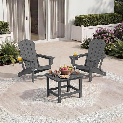 Mdeam 3-Position Adjustable Adirondack Chairs Set of 2, 400LBS Capacity, Cup Holder, Wooden Textured, All-Weather HDPE Folding Fire Pit Outdoor Chairs for Poolside Deck Patio Garden Yard Lawn - Grey