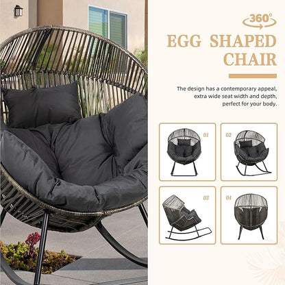 Vongrasig Wicker Rocking Egg Chair PE Rattan with Cushion, Oversized Patio Lounge Rocker Chair for Outdoor, Indoor, Balcony, Backyard, Garden, Black/Rattan