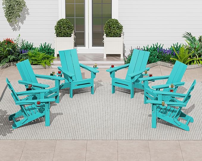 SERWALL Modern Adirondack Chair Set of 6, Folding Adirondack Chair with Cup Holders, Outdoor HDPE Adirondack Chair, Teal