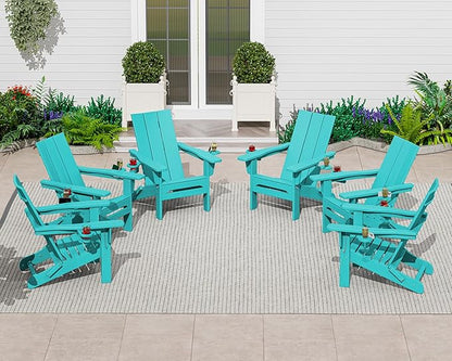 SERWALL Modern Adirondack Chair Set of 6, Folding Adirondack Chair with Cup Holders, Outdoor HDPE Adirondack Chair, Teal