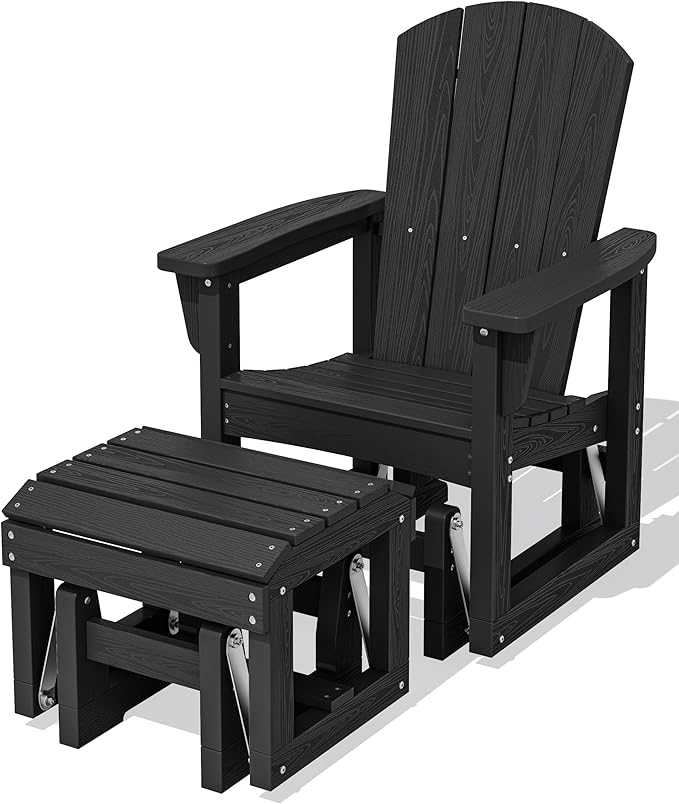 SERWALL Outdoor Glider Chair with Ottoman, HDPE Wood-Like Patio Glider Set All-Weather Porch Glider for Outside, Black - Photo 1