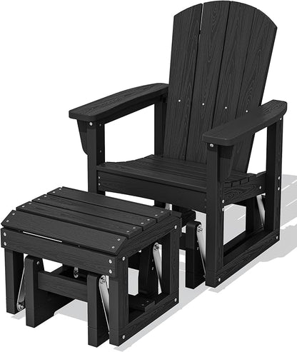 SERWALL Outdoor Glider Chair with Ottoman, HDPE Wood-Like Patio Glider Set All-Weather Porch Glider for Outside, Black