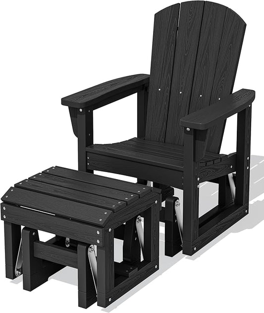SERWALL Outdoor Glider Chair with Ottoman, HDPE Wood-Like Patio Glider Set All-Weather Porch Glider for Outside, Black