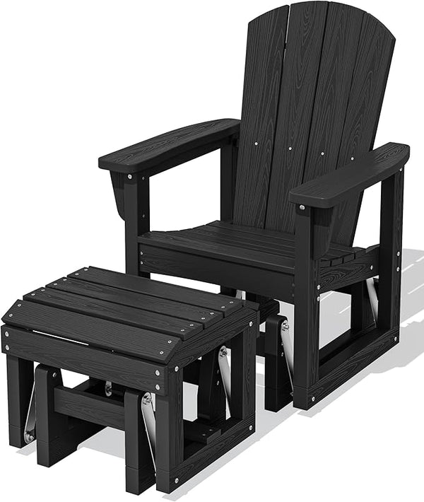 SERWALL Outdoor Glider Chair with Ottoman, HDPE Wood-Like Patio Glider Set All-Weather Porch Glider for Outside, Black - Photo 1