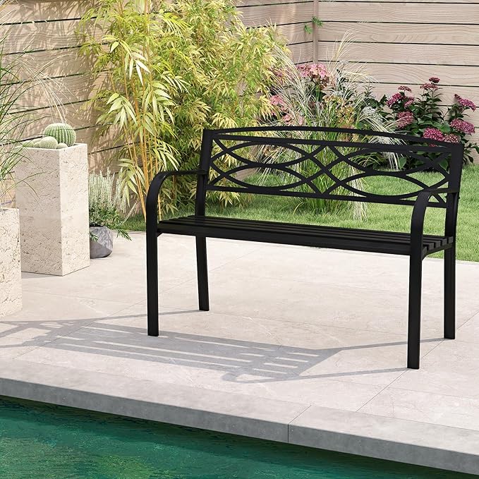 Tangkula Outdoor Metal Garden Park Bench, Heavy-Duty Metal Slatted Loveseat for 2 People with Curved Armrests & Backrest, Patio Park-Style Seating Furniture for Backyard, Poolside, Porch