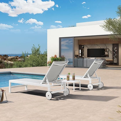 PURPLE LEAF Outdoor Chaise Lounge Chairs Set of 2 White Aluminum Lounge Chair Five-Position Adjustable Chaise with Wheels and Table for Pool Deck Patio, Ivory