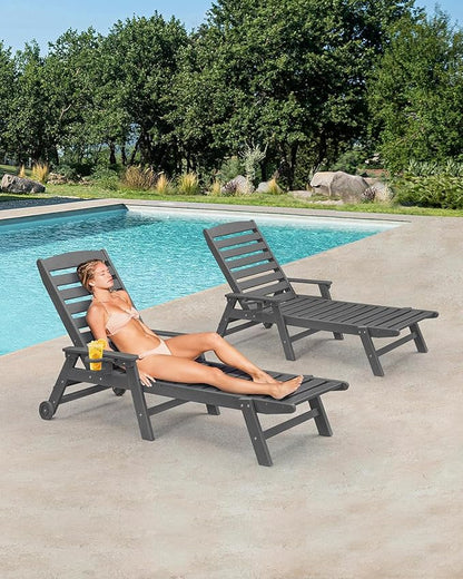 HDPE Patio Lounge Chair Set of 2, 78.4'' Outdoor Poly Lounge Chairs, 5-Position Adjustable Outdoor Lounger with Wheels & Cup Holder, HDPE Patio Chaise Lounges for Backyard, Deck, Smoke Gray