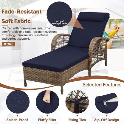 HOMEDIARY 2-Piece Outdoor Wicker Lounge Chairs with Cushion, Rattan Patio Chaise Loungers with 6-Level Backrest, All Weather Lay Flat Pool Sunbathing Recliner Chair, Armrest and Head Pillow, Navy Blue