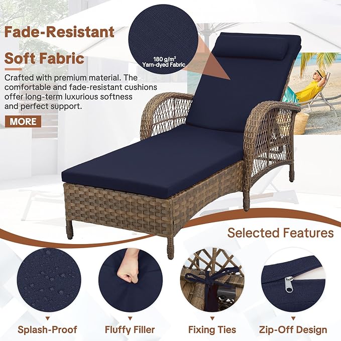 HOMEDIARY 3-Piece Outdoor Wicker Lounge Chair Set, Patio Chaise Loungers Set of 2 w/Side Table - Photo 5