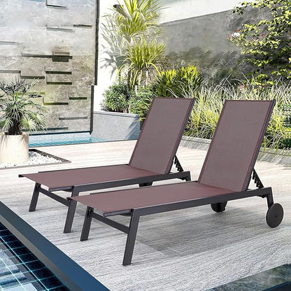 EROMMY Patio Chaise Lounge Chair Set of 2 with Wheels, Outdoor Lounge Chairs with Adjustable Backrest, Waterproof Poolside Lounge Chairs