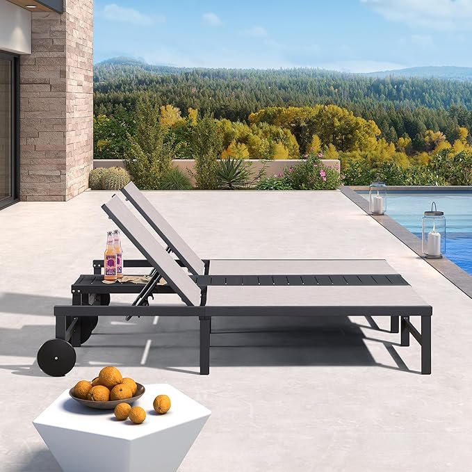 PURPLE LEAF Outdoor Double Chaise Lounge Modern Aluminum Lounge Chairs with Independently Adjustable Backrest Tanning Daybed Reclining Loveseat for Pool Beach Garden Patio Lounger Mixed Grey