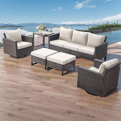 Rilyson Wicker Outdoor Patio Furniture Set - 5 Piece Patio Conversation Set with 2 Swivel Rocker Chairs,2 Rattan Ottoman and 1 Metal Side Table for Outside Porch Deck Backyard Garden(Brown/Beige)