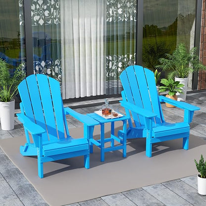 WestinTrends Malibu 3-Pieces Adirondack Chairs Set with Side Table, All Weather Outdoor Seating Plastic Patio Lawn Chair Folding for Outside Porch Deck Backyard, Pacific Blue