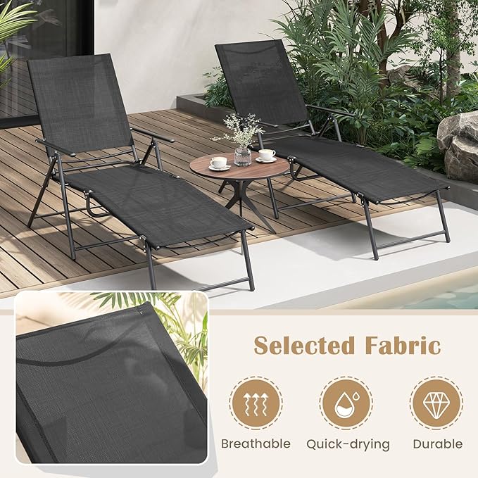 Giantex Lounge Chair Outdoor Set of 2 - Tanning Chair with 6 Adjustable Backrest, 2-Level Footrest - Photo 6