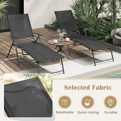 Giantex Lounge Chair Outdoor Set of 2 - Tanning Chair with 6 Adjustable Backrest, 2-Level Footrest, Folding Sunbathing Lounger for Patio, Poolside, Yard, Chaise Lounge Chair, Beach Chair (Black)