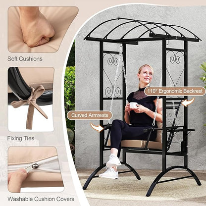 Tangkula Porch Swing with Stand, Outdoor Patio Swing with Heavy-Duty Metal Frame, Arch Trellis, Removable Cushions, Side Tables, Armrests for Garden, Balcony, Backyard and Poolside