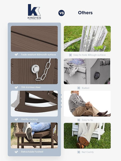 KINGYES Adirondack Rocking Chair Set of 2 with Retractable Ottoman and Cup Holders, HDPE Adirondack Rocker Patio Rocking Chair for Porch, Patio, Balcony, Coffee Brown